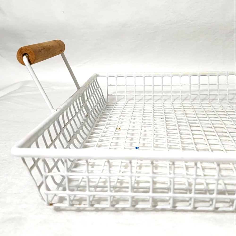 Vintage White Wire Mesh Paper Basket Tray With‎ Turned Wood Handles
